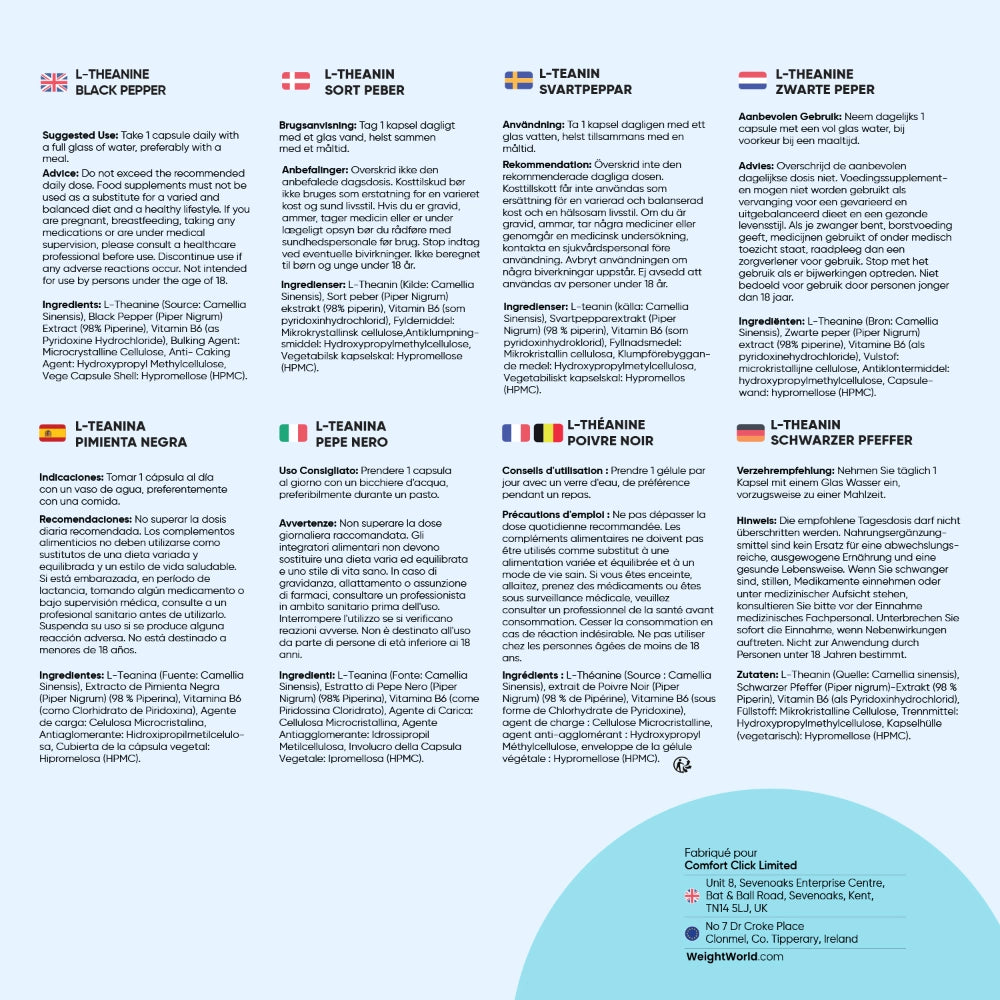 Plaquette d’informations multilingues avec flacon, composition et conseils d’usage