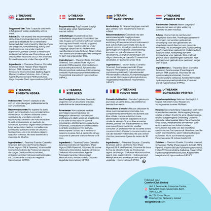 Plaquette d’informations multilingues avec flacon, composition et conseils d’usage