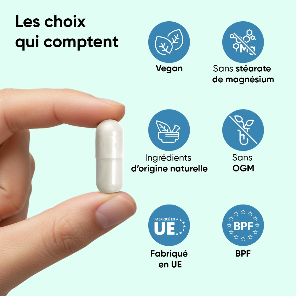 Gélule blanche en main, complément WeightWorld L-théanine au poivre noir