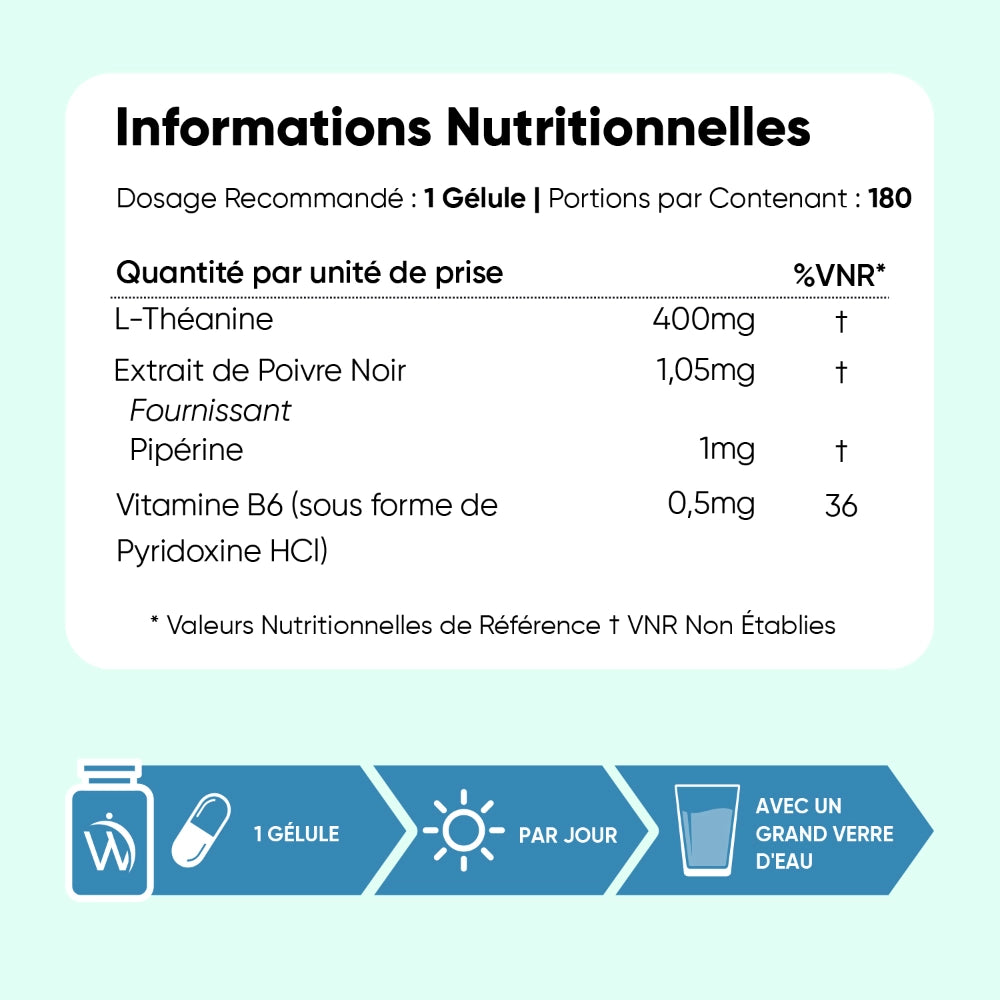 Tableau d’informations nutritionnelles du complément WeightWorld L-théanine