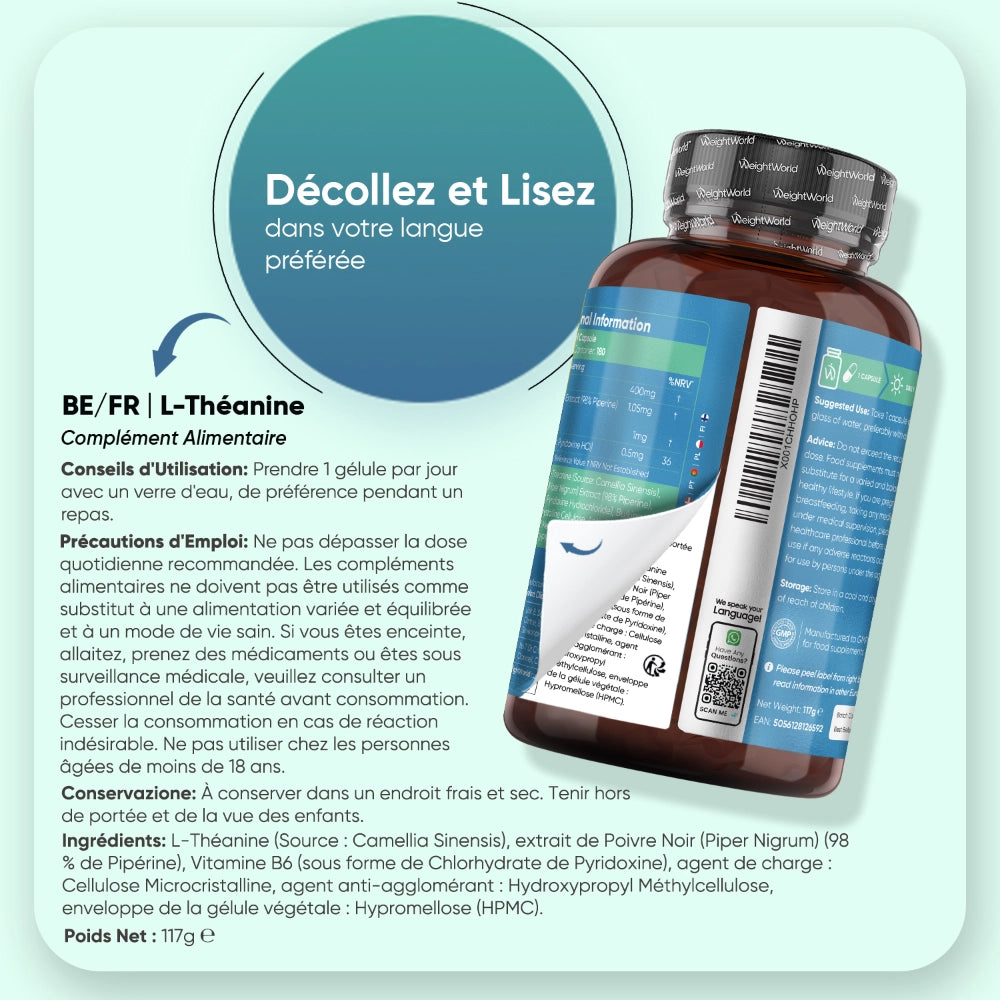 Notice d’emballage avec bouteille WeightWorld L-théanine au poivre noir