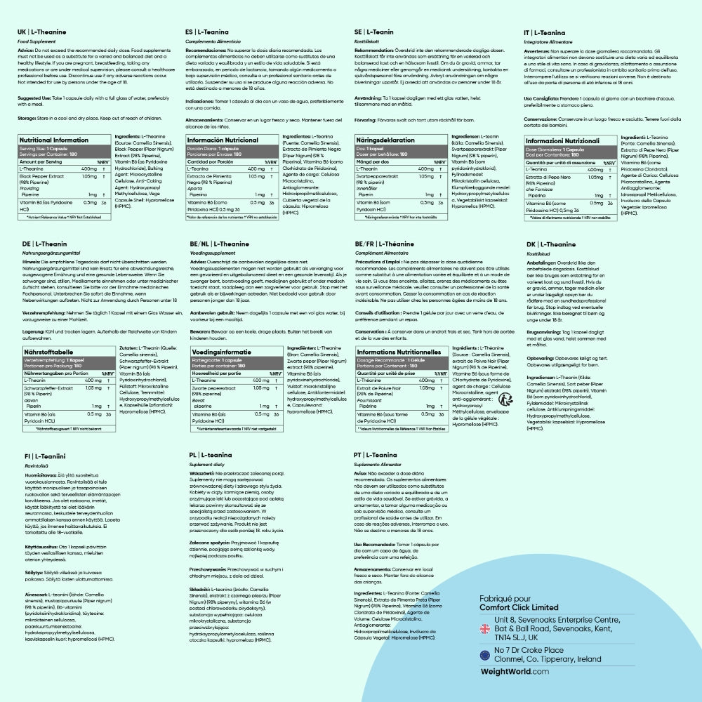 Planche d’informations nutritionnelles du complément L-théanine WeightWorld