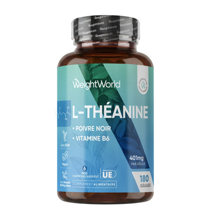 Bouteille de complément WeightWorld L-théanine au poivre noir, 180 gélules
