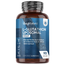 Bouteille WeightWorld L‑Glutathion liposomal réduit, 90 gélules, bouchon noir.