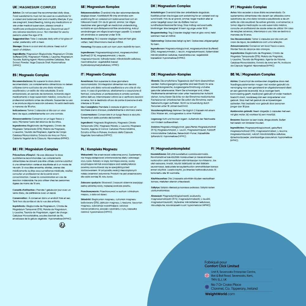 Planche d’informations du complexe de magnésium WeightWorld en plusieurs langues