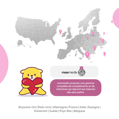 Carte des pays de distribution et mascotte ourson pour compléments en gummies