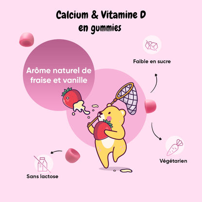Gummies Calcium et vitamine D, arôme naturel fraise et vanille, sans lactose