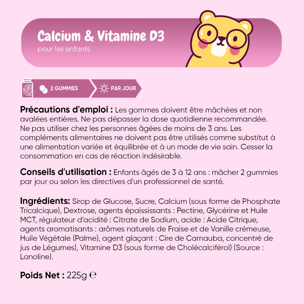 Boîte de gummies pour enfants avec conseils d’utilisation, ingrédients et poids net