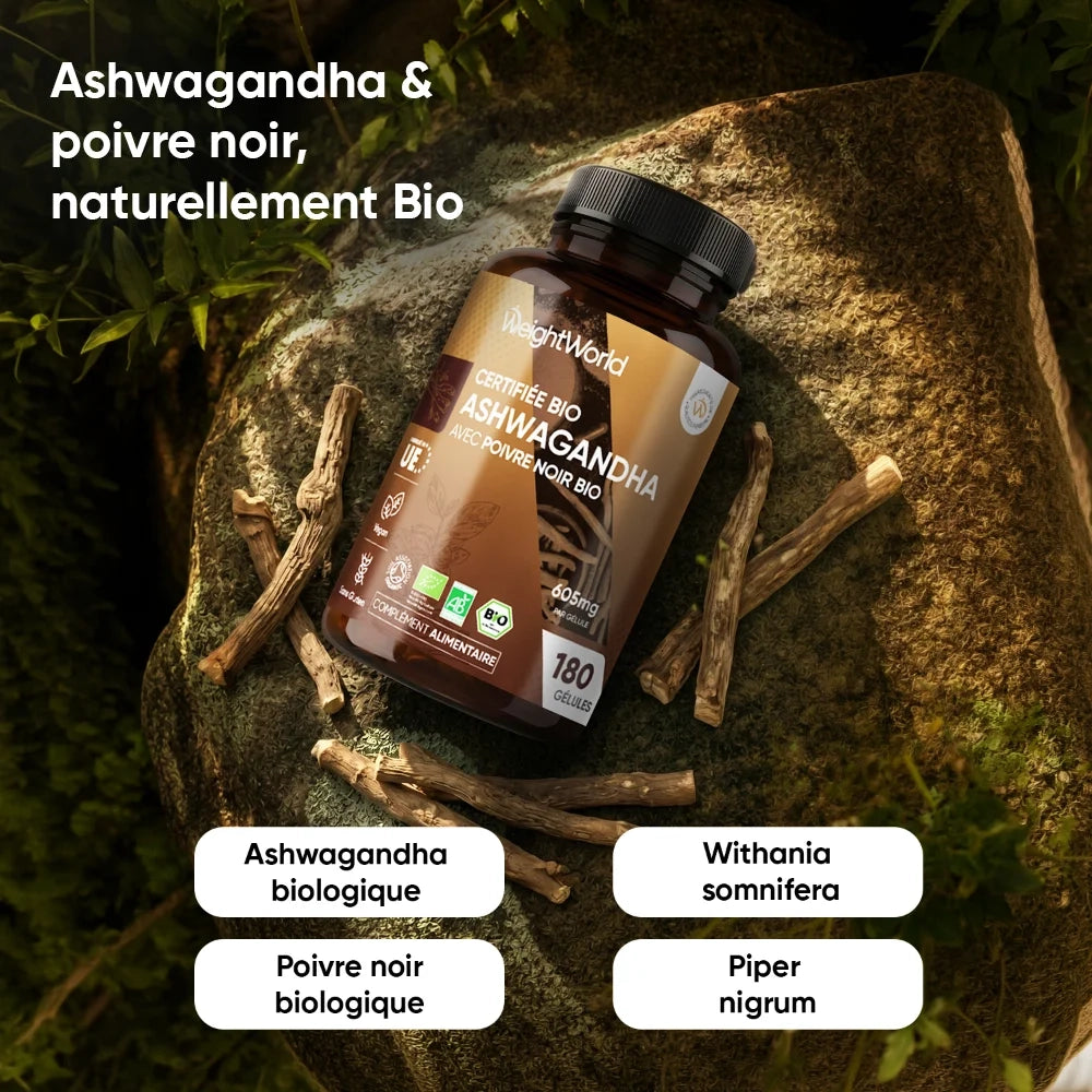 Bouteille de complément alimentaire Bio avec bouchon noir, posée sur des racines