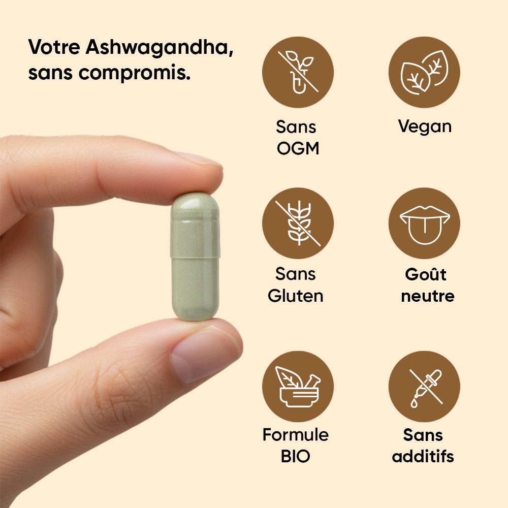 Gélule verte en main avec présentation produit, bouchon et indications