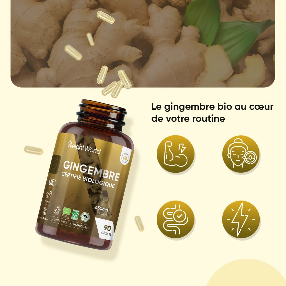 Gélules de gingembre bio en flacon ambré WeightWorld, capsules visibles, 90