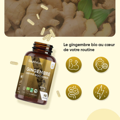 Gélules de gingembre bio en flacon ambré WeightWorld, capsules visibles, 90