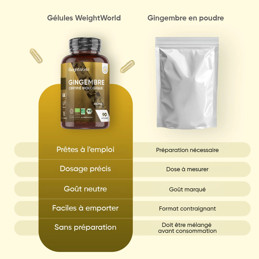 Gélules de gingembre bio en flacon, avec sachet de gingembre en poudre
