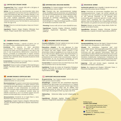 Gélules de gingembre bio, étiquette d’informations et certifications en gros plan