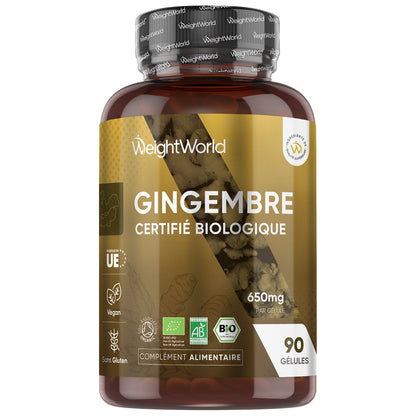 Gélules de gingembre bio en flacon ambré WeightWorld, 90 gélules