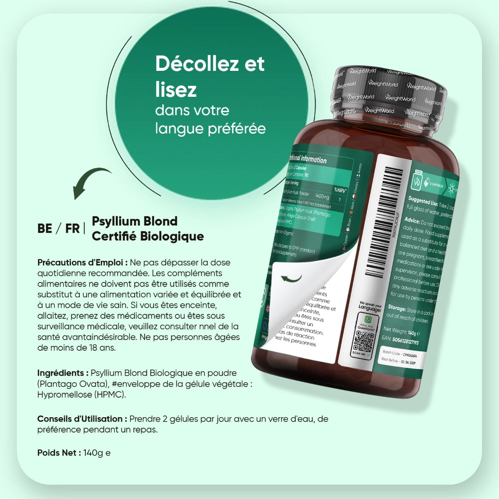Étiquette d’utilisation du psyllium blond bio WeightWorld sur la bouteille