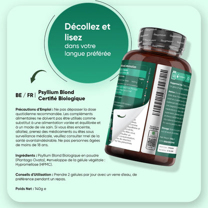 Étiquette d’utilisation du psyllium blond bio WeightWorld sur la bouteille