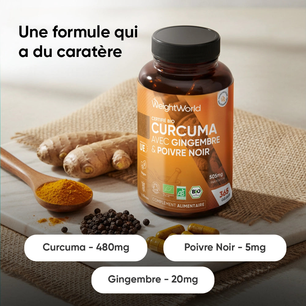 Flacon de curcuma bio en gélules, avec racines de gingembre et grains de poivre
