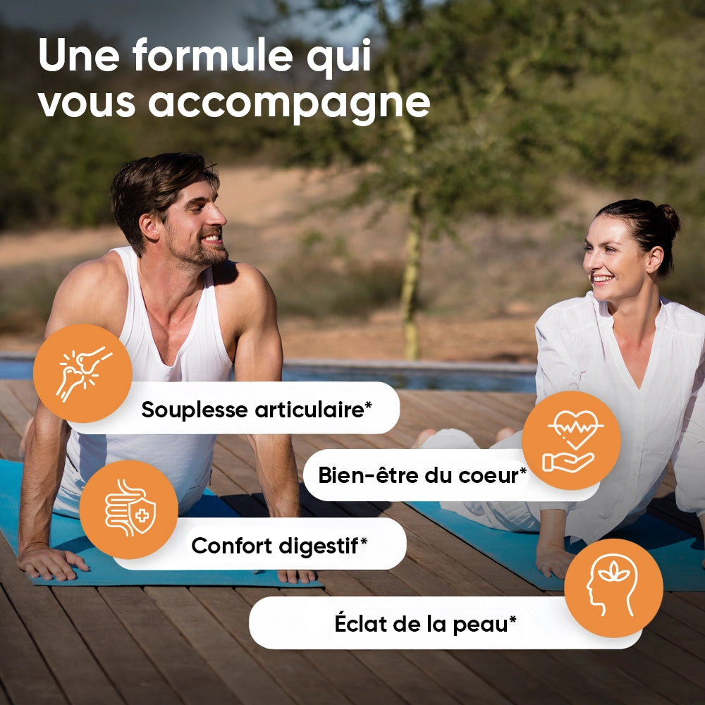 Complément alimentaire en gélules de curcuma, avec pictogrammes bienfaits santé
