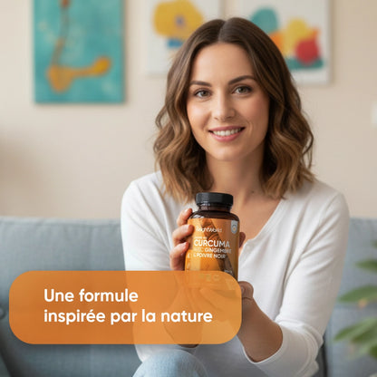 Flacon de complément alimentaire curcuma bio, poivre noir et gingembre, tenu par une femme