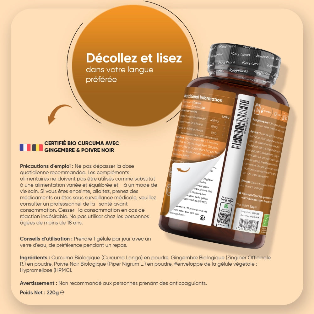 Flacon de complément alimentaire curcuma bio avec étiquette de précautions et conseils