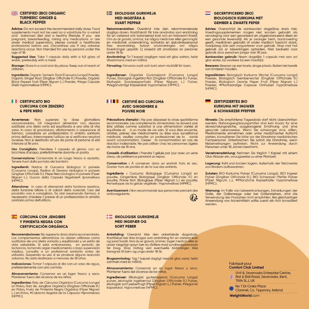 Écran d’informations de certification bio pour curcuma, gingembre et poivre noir