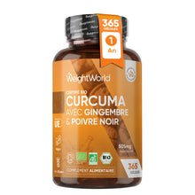 Flacon de complément alimentaire en gélules au curcuma bio, poivre noir et gingembre