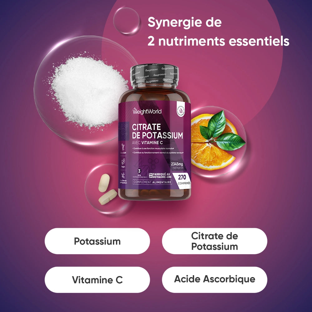 Flacon WeightWorld Citrate de potassium avec vitamine C et ingrédients illustrés
