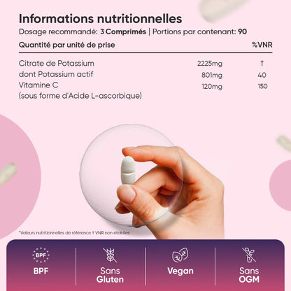Informations nutritionnelles: citrate de potassium, vitamine C, pour 3 mois