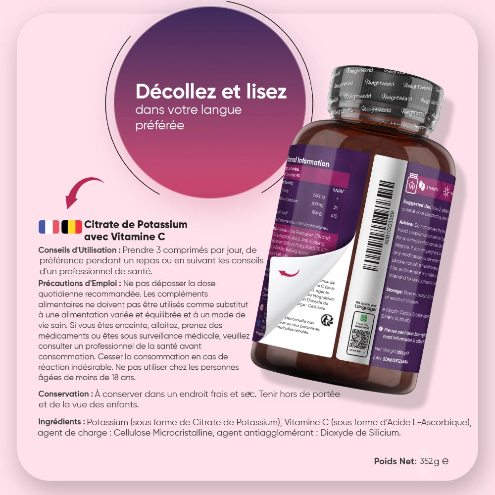 Flacon WeightWorld avec étiquette d’usage pour citrate de potassium et vitamine C