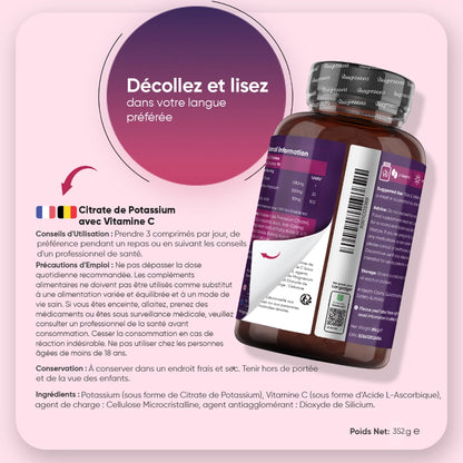 Flacon WeightWorld avec étiquette d’usage pour citrate de potassium et vitamine C