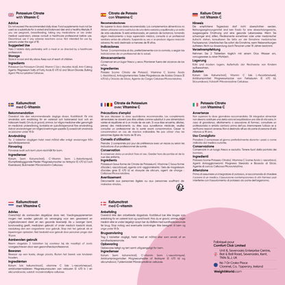 Informations produit en plusieurs langues: citrate de potassium et vitamine C