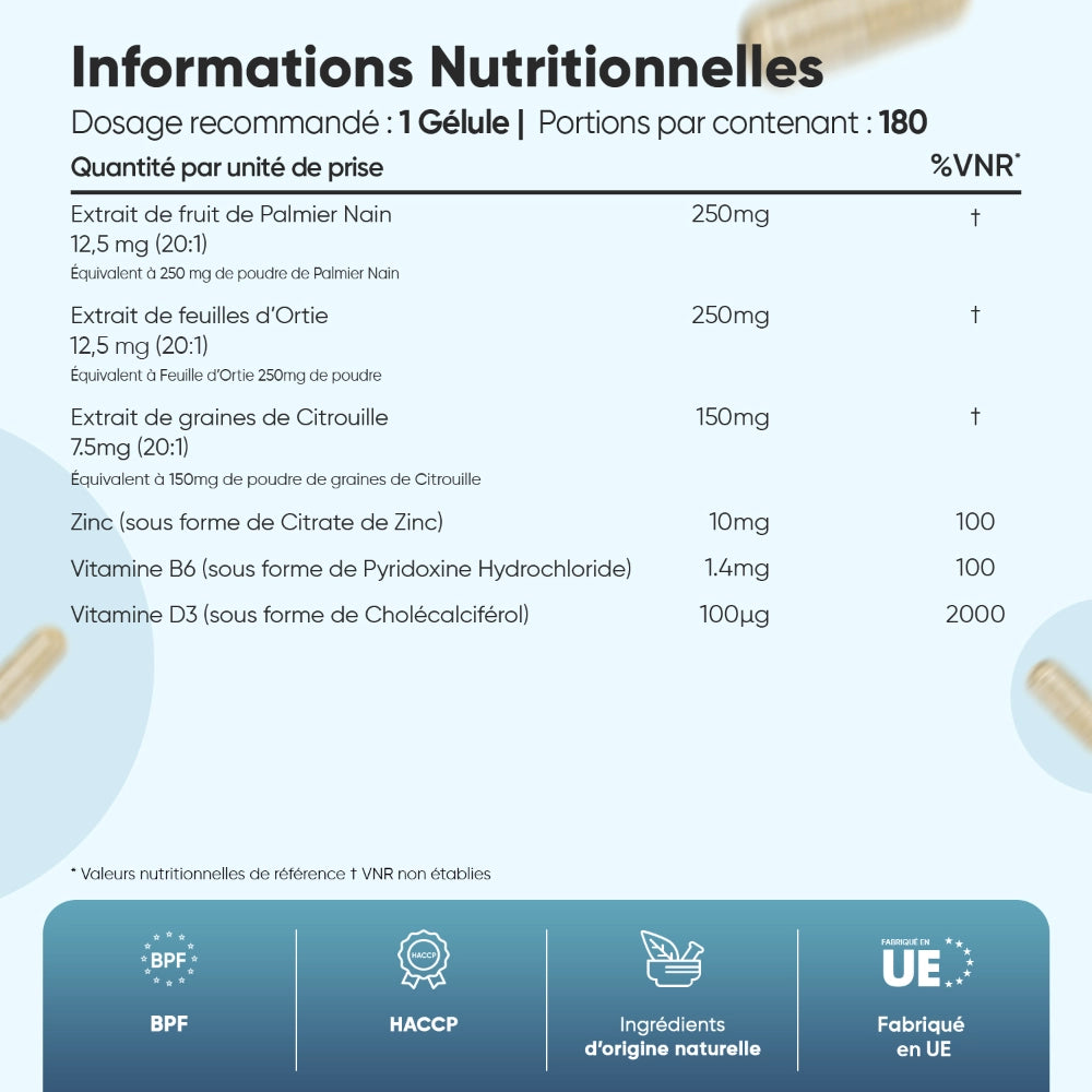 Informations nutritionnelles: zinc, vitamines B6 et D3, pour 1 gélule, 180 gélules