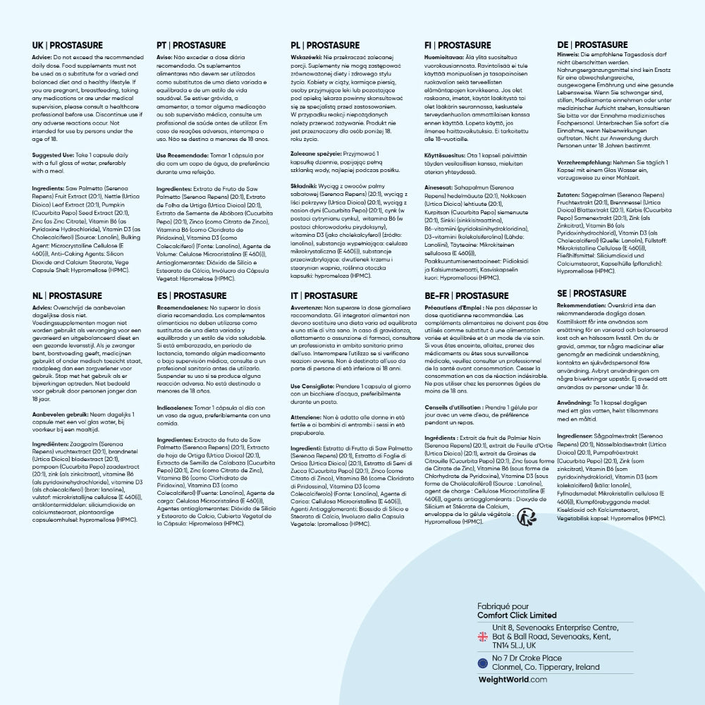 Emballage du complément WeightWorld ProstaSURE avec informations produit en plusieurs langues