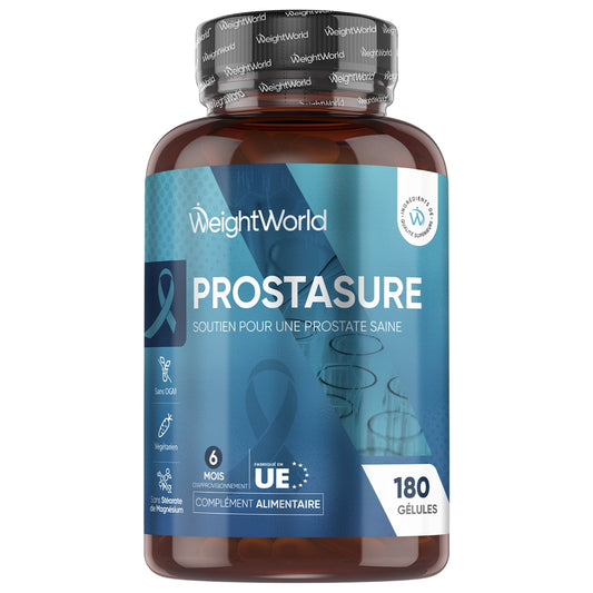 Bouteille de complément alimentaire WeightWorld ProstaSURE, pot brun, 180 gélules, étiquette bleue