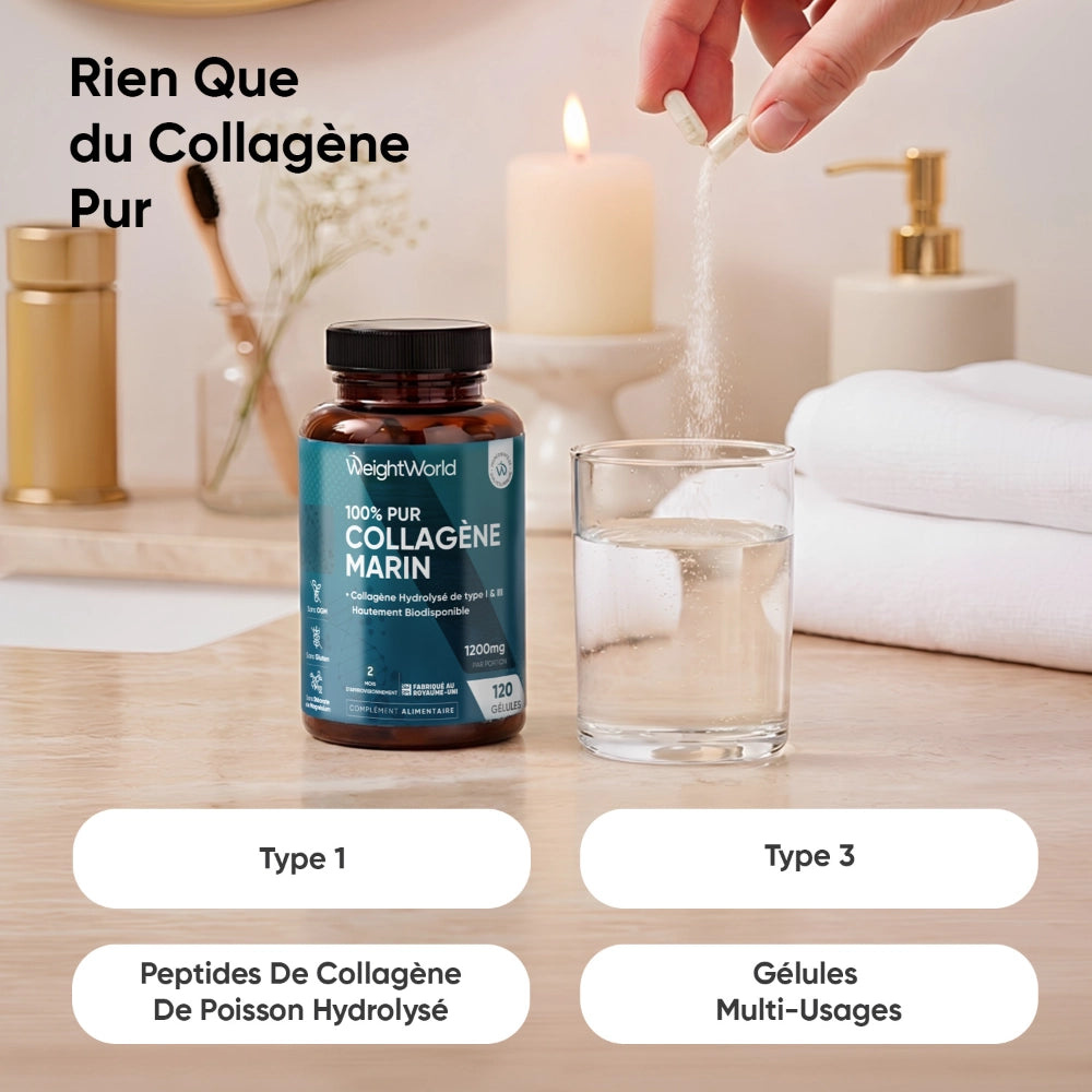 Flacon de collagène marin WeightWorld avec verre d’eau