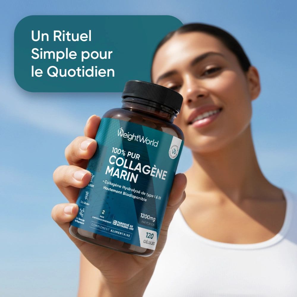 Flacon WeightWorld 100% pur collagène marin tenu en main