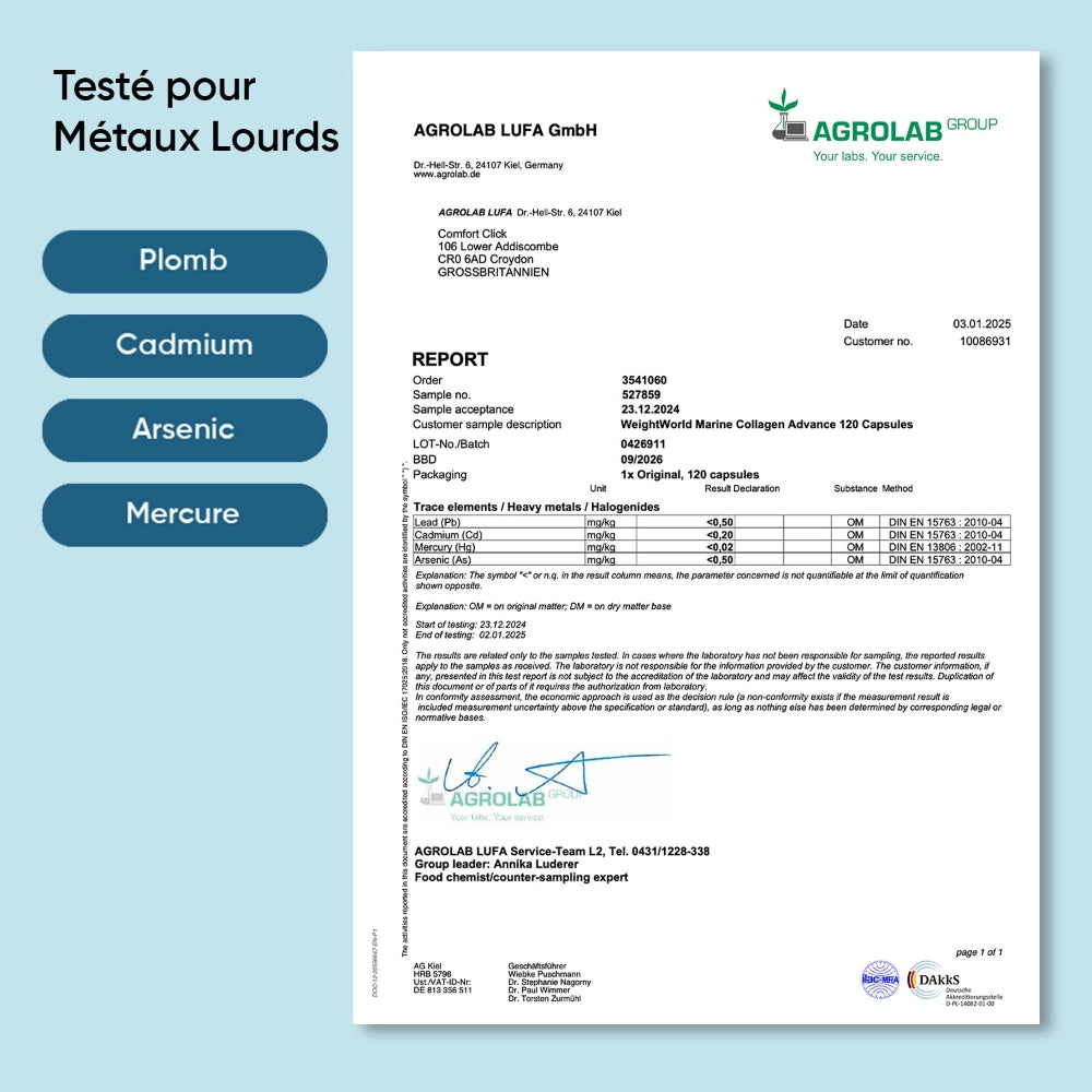 Rapport d’analyse pour collagène marin WeightWorld, métaux lourds