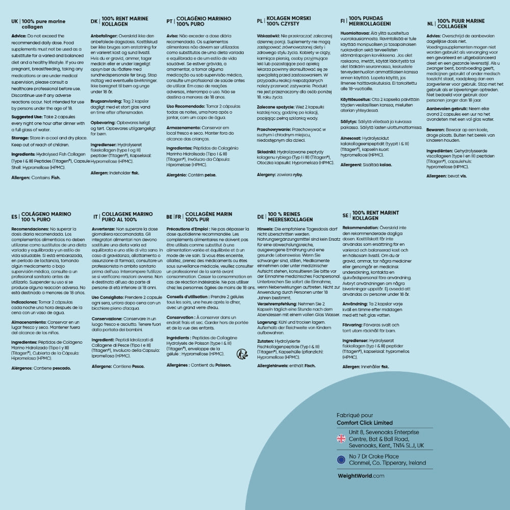 Fiche produit collagène marin WeightWorld avec tableaux d’informations