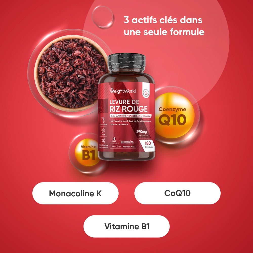 Flacon de gélules avec formule: Monacoline K, CoQ10 et vitamine B1