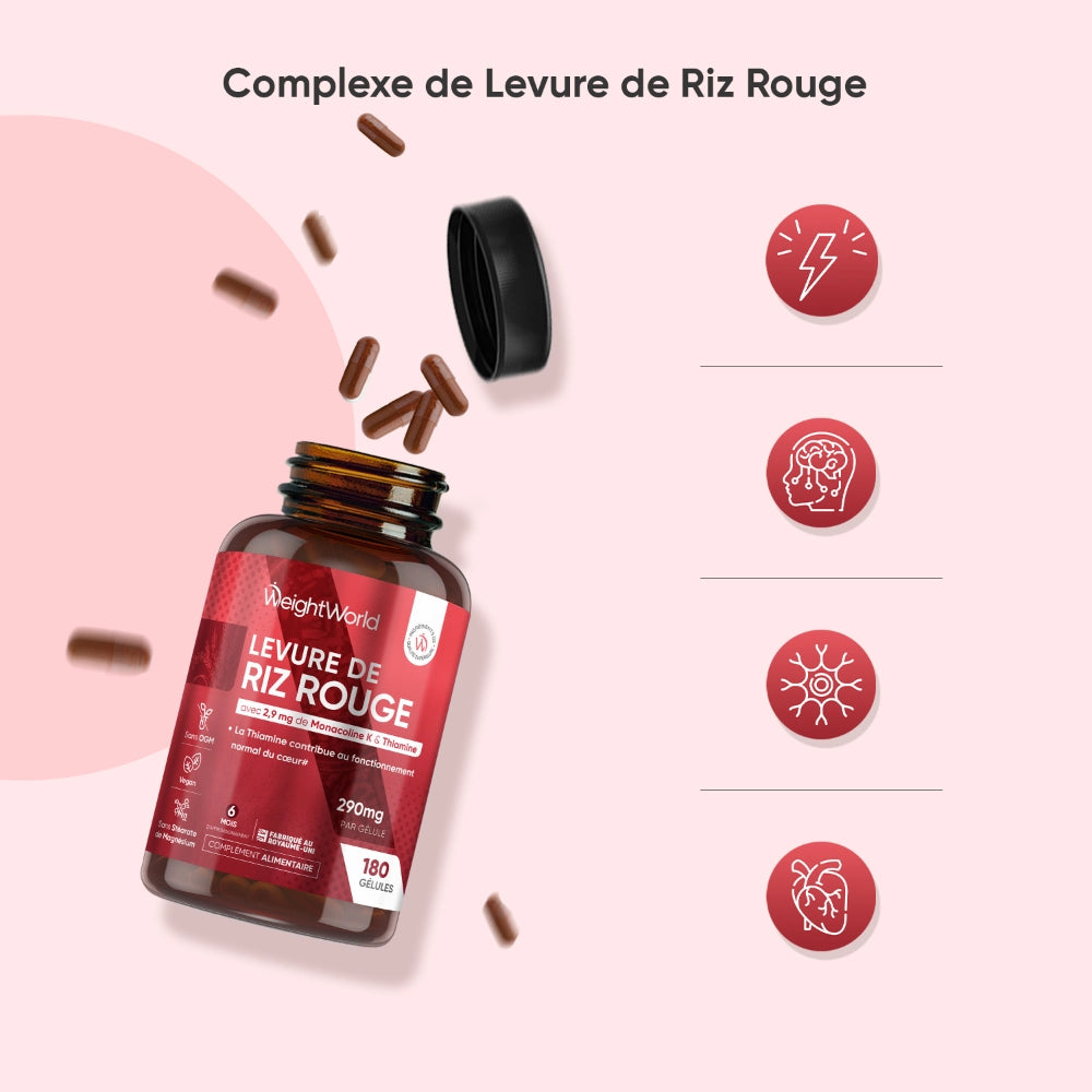 Flacon de complément et capsules, visuel “Complexe de levure de riz rouge”
