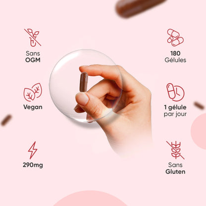 Gélule tenue à la main, logos Vegan et Sans gluten, 1 gélule par jour