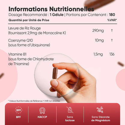 Informations nutritionnelles: levure de riz rouge 290 mg, Q10 10 mg, B1 1,5 mg