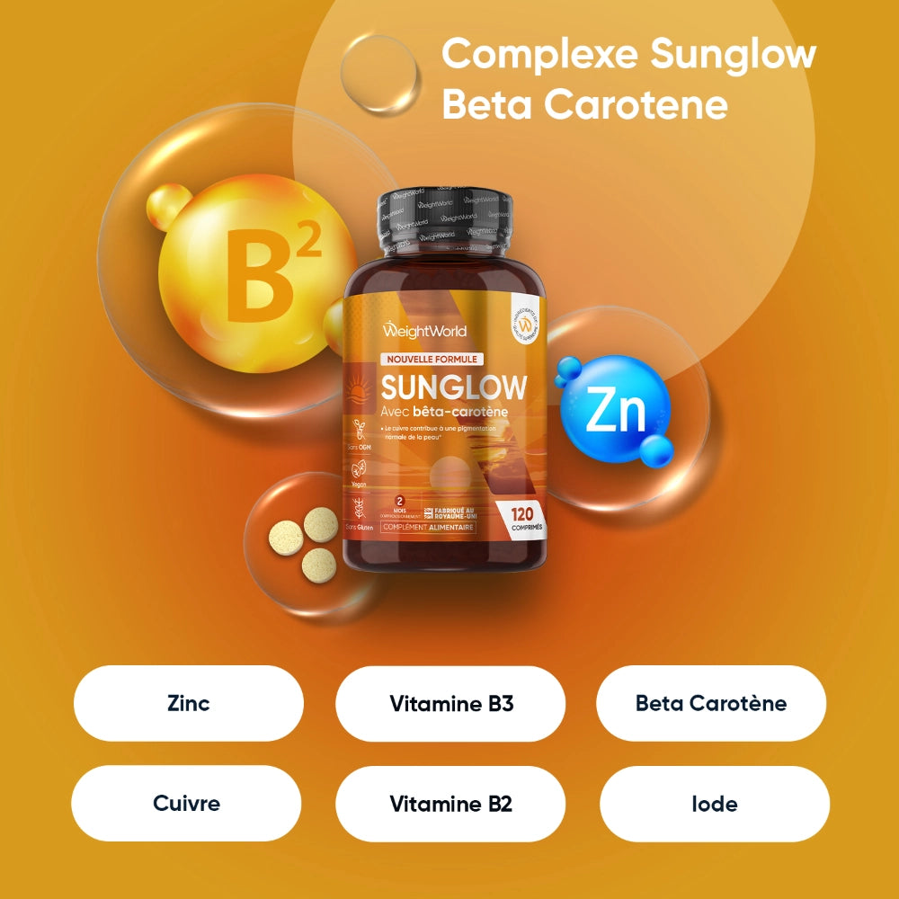 Bouteille de complément Sunglow WeightWorld avec schéma Zinc et vitamines B3/B2