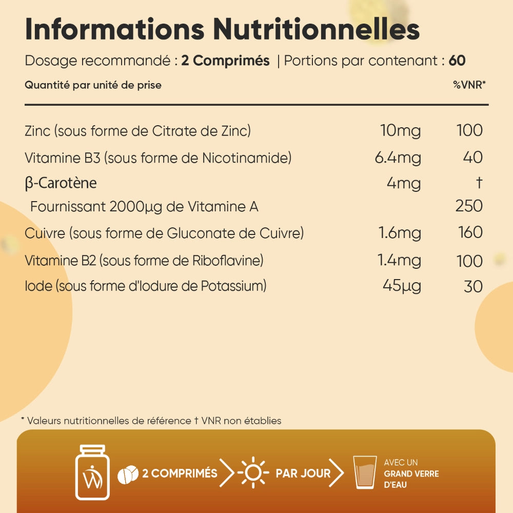 Infos nutritionnelles du complément Sunglow : zinc, vitamines B2/B3, bêta-carotène