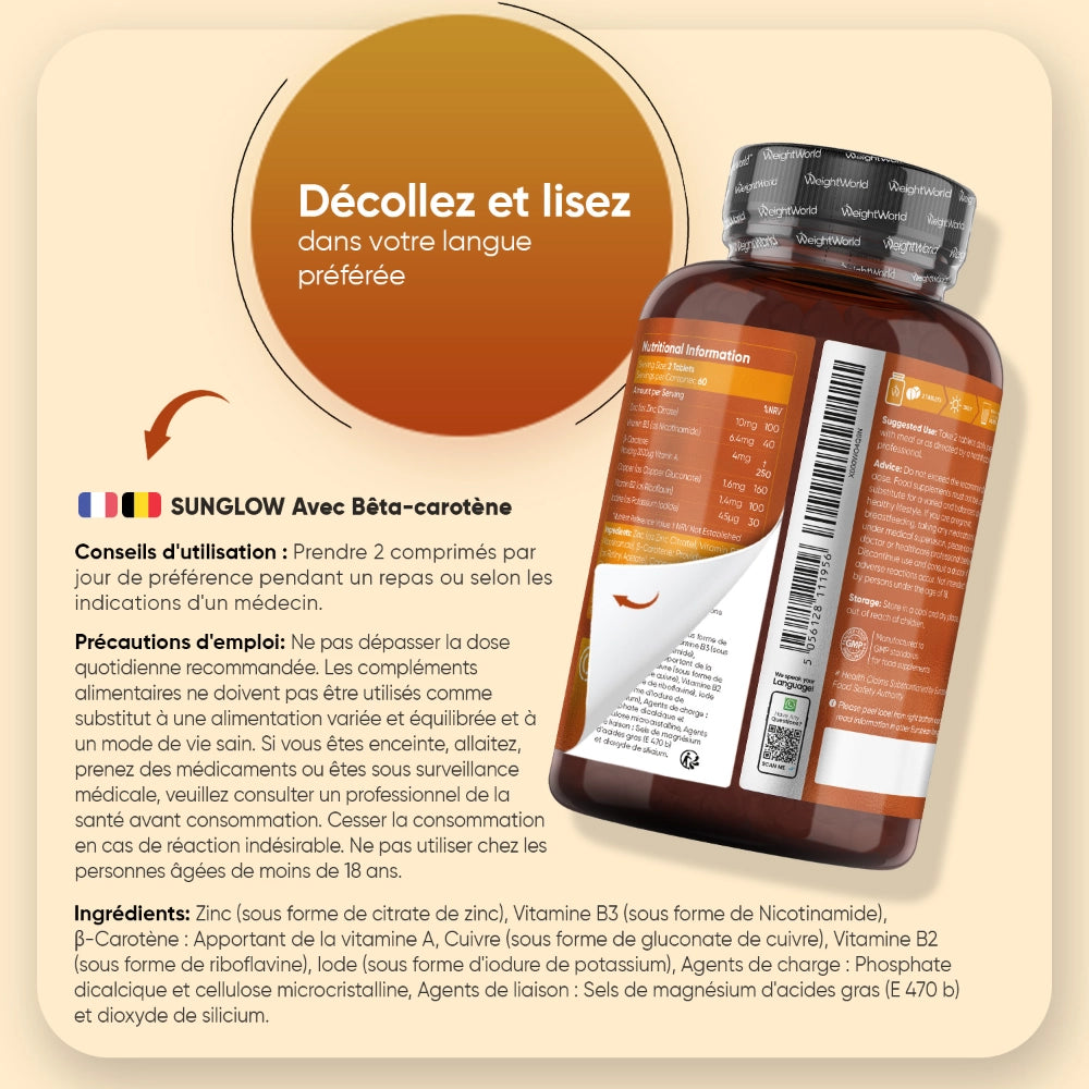 Étiquette arrière du complément Sunglow WeightWorld : conseils d’utilisation et ingrédients