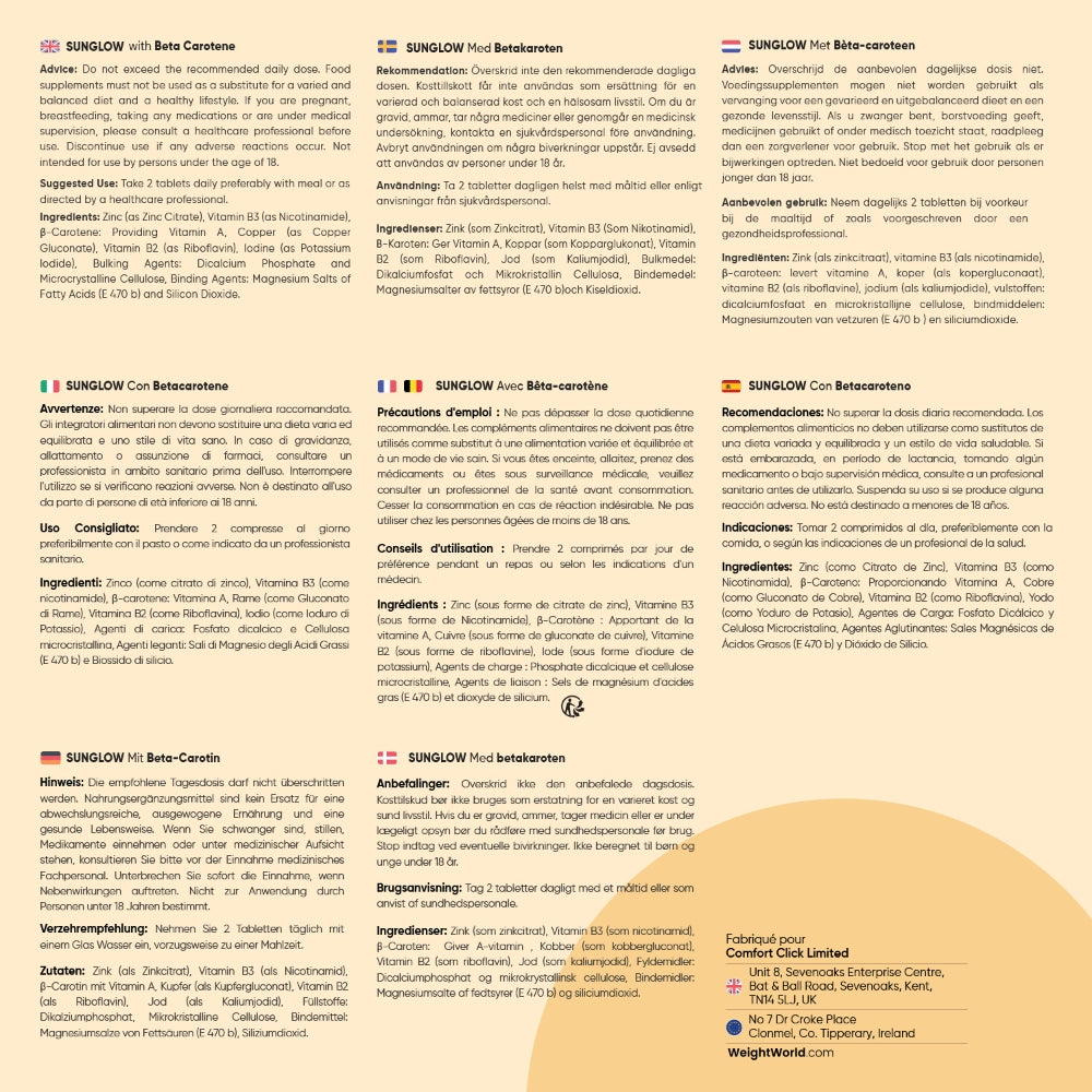 Panneaux d’ingrédients et d’usage pour le complément Sunglow WeightWorld