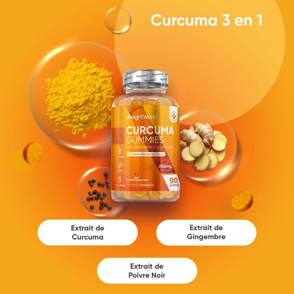 Bouteille de gummies au curcuma WeightWorld, avec poudre de curcuma et gingembre illustrés.