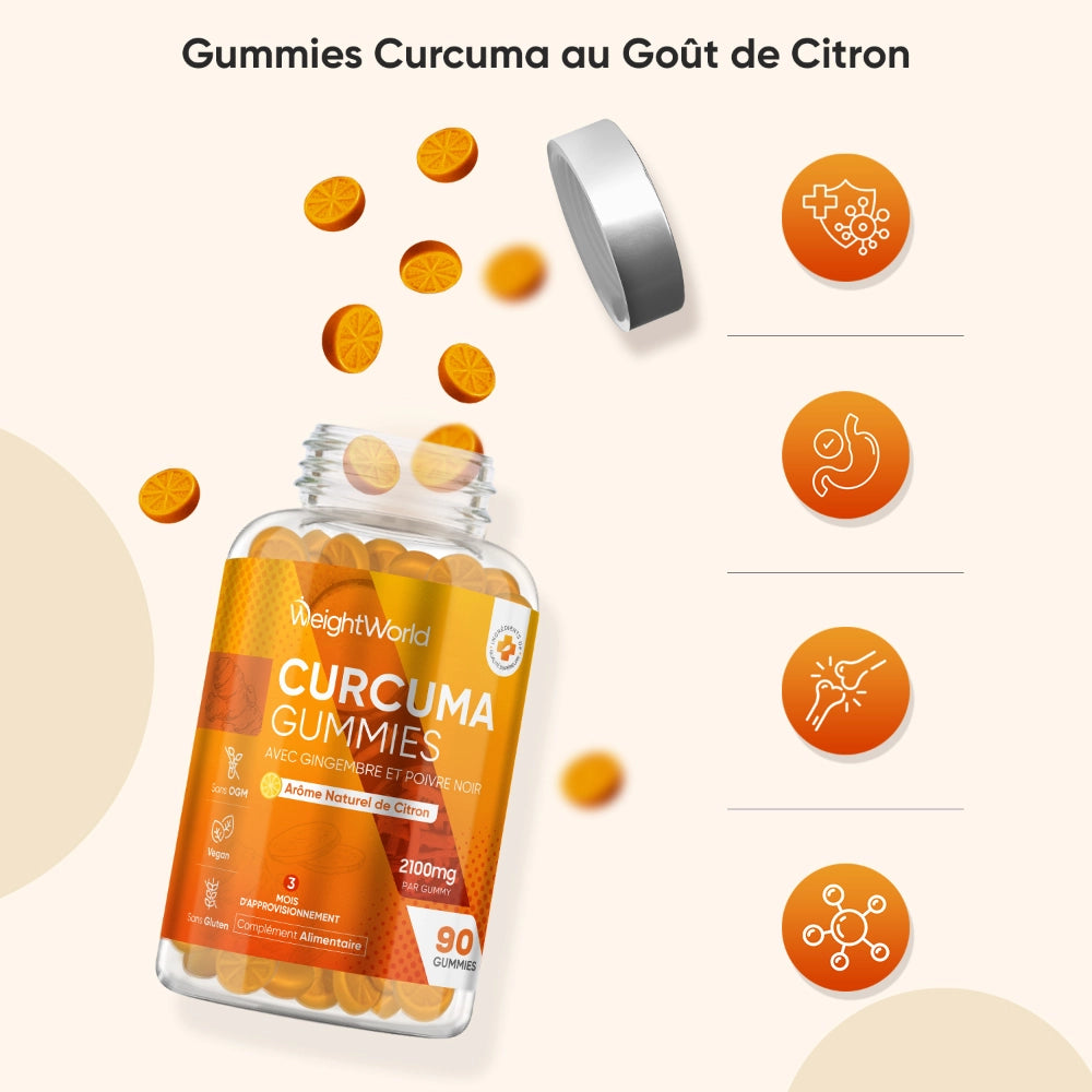 Bouteille de gummies au curcuma au citron, gélifiés orange dans un flacon transparent.