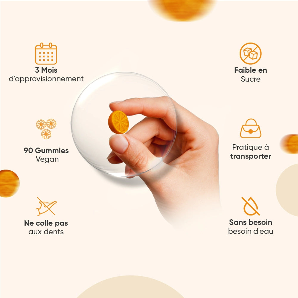 Bouteille de gummies au curcuma, main tenant un quartier d’agrume, flacon transparent.